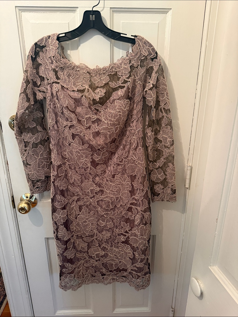 Tadashi Shoji champagne/black lace embroidered illusion cocktail dress, sz 10.